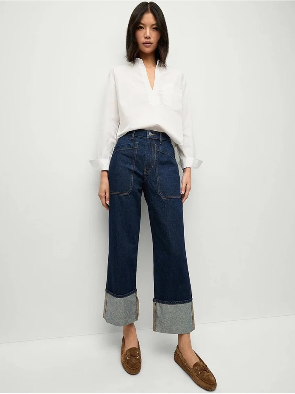 Veronica Beard Dylan High Rise Straight Leg Cuffed Jeans in Indigo Rinse